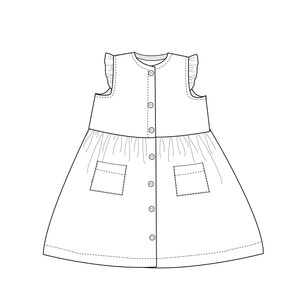 PDF Sewing Pattern Digital Download Girls Dress Tutorial Complete Instructions Multiple Sizes Available Beginner Guide Button Front Style Ruffle Bodice Design Gathered Skirt Detail Photo Steps Included Easy Learning Resource