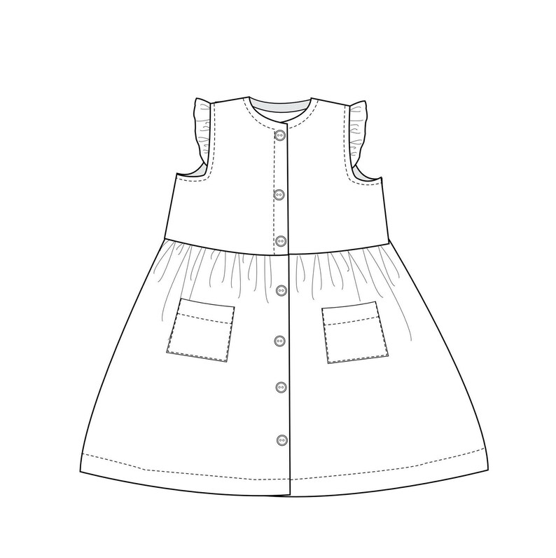 PDF Sewing Pattern Digital Download Girls Dress Tutorial Complete Instructions Multiple Sizes Available Beginner Guide Button Front Style Ruffle Bodice Design Gathered Skirt Detail Photo Steps Included Easy Learning Resource