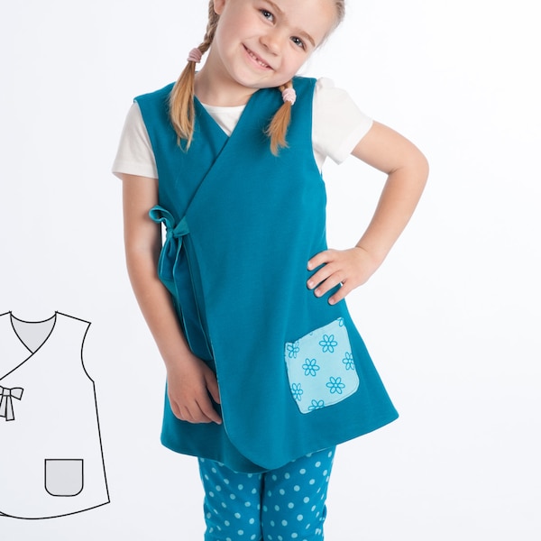 Dress sewing pattern "Marie" for girls. Lined tunic wrap dress. Ebook pdf reversible dress with or without sleeves MARIE by Patternforkids