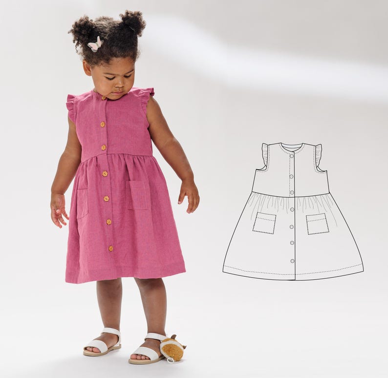 Sewing Pattern Tutorial PDF Download Digital Guide Girls Dress Instructions Beginner Friendly Project Multiple Size Range Button Front Style Ruffle Bodice Design Gathered Skirt Detail Complete Photo Instructions Easy Learning Steps