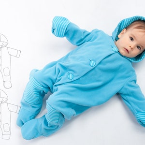 May include: A baby wearing a blue hooded onesie with white stripes on the sleeves and legs. The onesie has a button fastening down the front and pockets on the legs.