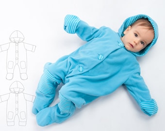 Baby Overall Jumpsuit sewing pattern pdf for girl and boy with hood, feet and arm wrap, lined. Toddler Dungaree DORIAN by Patternforkids
