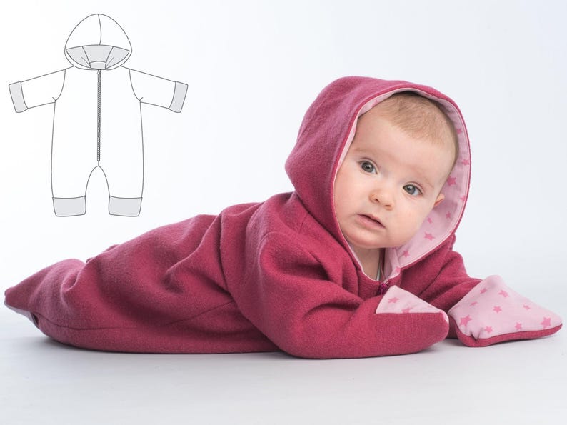 Baby Overall mit Bein- und Armumschlag, Kapuze und Reissverschluss