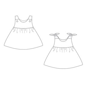 Technische Schnittzeichnungen der zwei Varianten, übersicht fürs Babykleid Schnittmuster PDF und Nähen