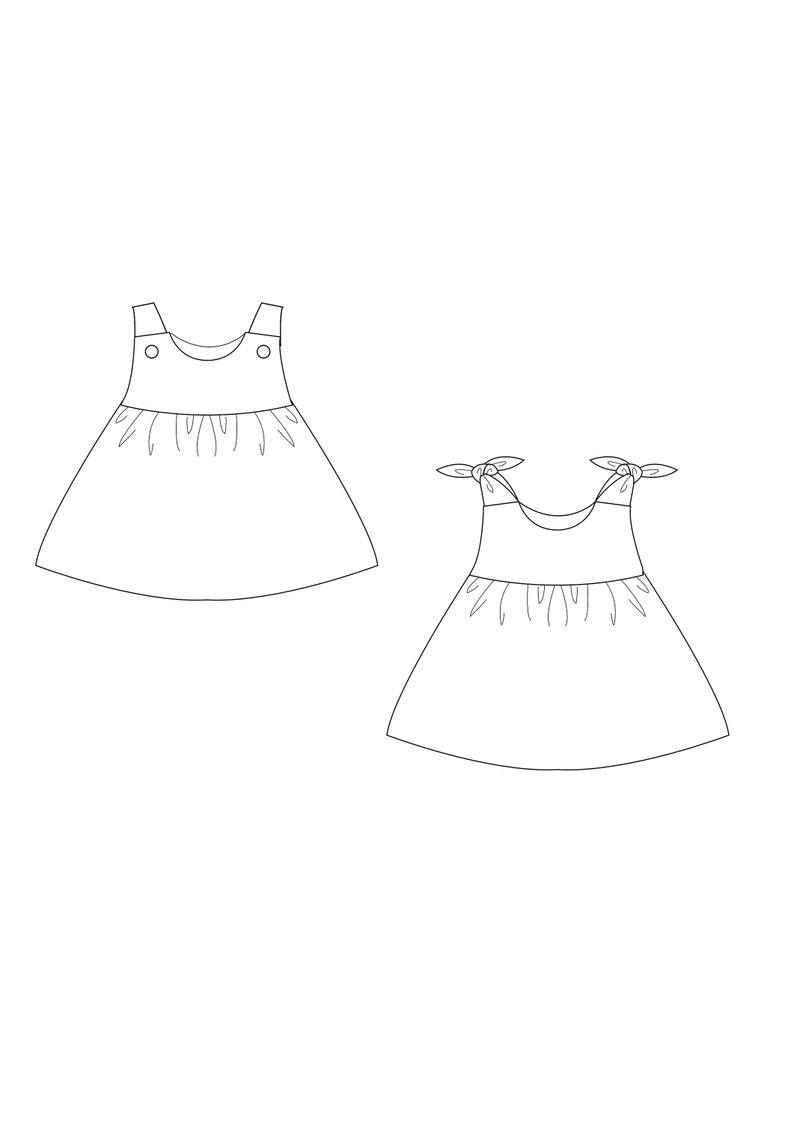 Technische Schnittzeichnungen der zwei Varianten, übersicht fürs Babykleid Schnittmuster PDF und Nähen