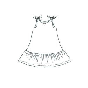 Rüschenkleid Schnittmuster, Skizze mit Rüschenvolant und Schleifen an den Schultern, Detailansicht