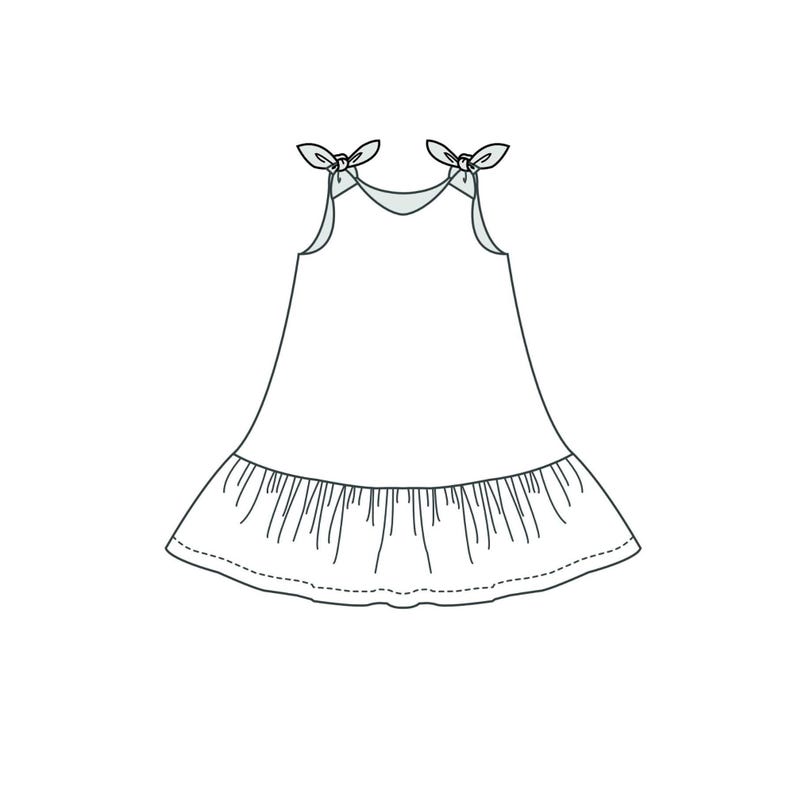Rüschenkleid Schnittmuster, Skizze mit Rüschenvolant und Schleifen an den Schultern, Detailansicht