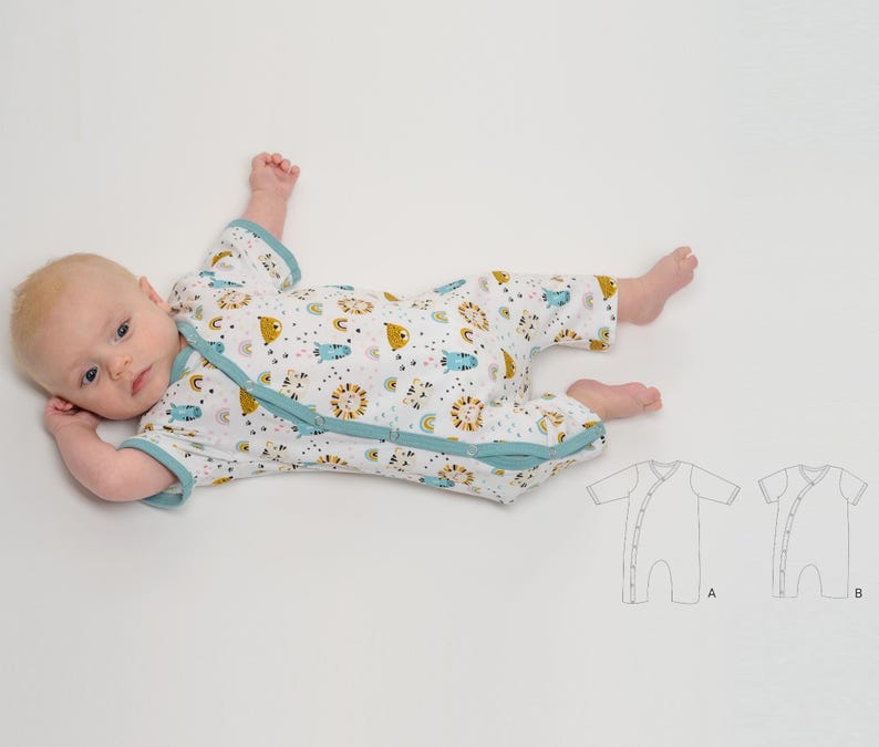 Liegender Babystrampler aus weichem Jersey, diagonale Druckknopfleiste, bunter Tierprint, baby strampler schnittmuster pdf