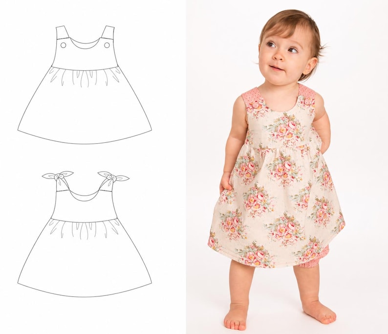 Kleinkind im cremefarbenen ärmellosen Sommerkleid mit rosa Blumenmuster vor hellem Hintergrund, links die technischen Zeichnungen von zwei Kleidvarianten mit Knopfträgern und Bindeträgern.