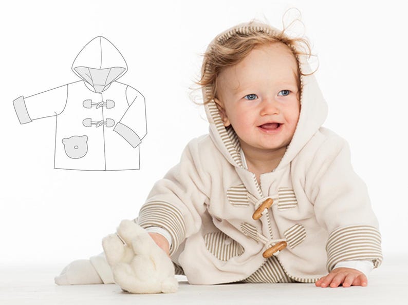 Schnittskizze der Jacke neben lächelndem Kind, zeigt Zuschnitt und Taschendetails, babyjacke pdf schnittmuster