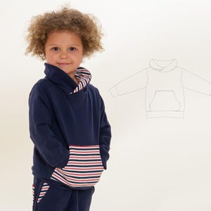 Patrón de costura para sudadera con capucha FLY PDF 2 en 1, cuello chal, bolsillo tipo canguro, tallas 80/86-140/146
