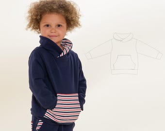 Wykrój na bluzę z kapturem FLY PDF 2 w 1, kaptur szalowy, kołnierz typu kangur, rozmiary 80/86-140/146