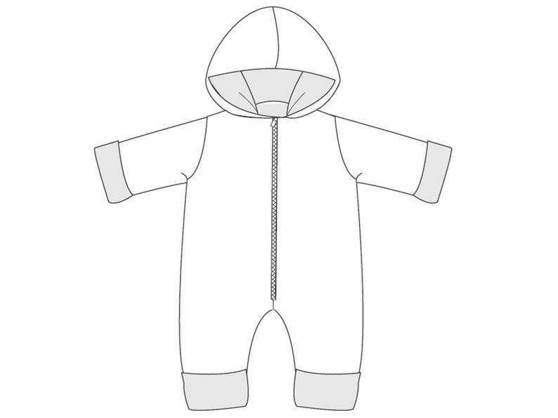 Digital Sewing Pattern Baby Clothes Design PDF Download Hooded Jumpsuit Collection Infant Clothing Project Bundle Size Range One Month Eighteen Months Zipper Design Options Cuff Variations Complete Instructions Instant Download Format