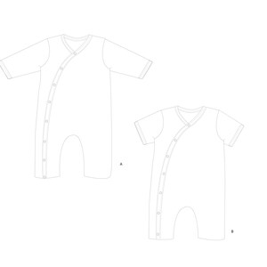 Technische Schnittzeichnung, Vorder und Rückansicht des Baby Overalls, digitales schnittmuster baby, baby strampler schnittmuster pdf