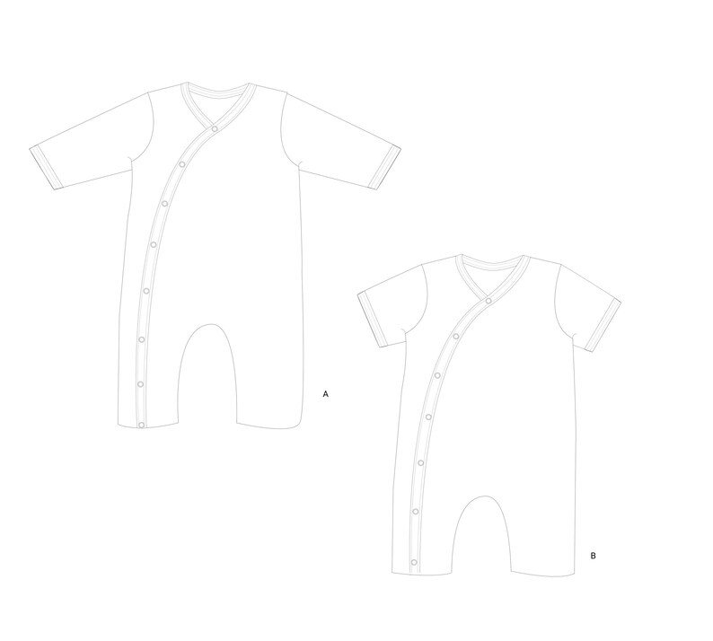 Technische Schnittzeichnung, Vorder und Rückansicht des Baby Overalls, digitales schnittmuster baby, baby strampler schnittmuster pdf