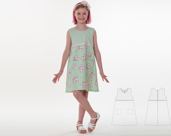 Sewing pattern sleeveless A-line dress GEMMA, sizes 2y-12y, with pockets, a decorative ribbon and concealed zipper by Patternforkids