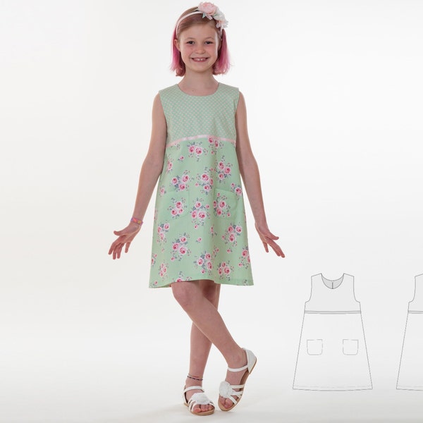 Sewing pattern sleeveless A-line dress GEMMA, sizes 2y-12y, with pockets, a decorative ribbon and concealed zipper by Patternforkids