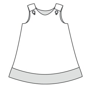 Mädchenkleid Schnittmuster PDF, technische Zeichnung Trägerkleid mit Kontrasth band und Knopfdetails