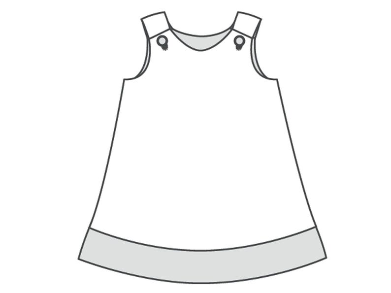 Mädchenkleid Schnittmuster PDF, technische Zeichnung Trägerkleid mit Kontrasth band und Knopfdetails