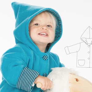 Baby Pixie Jacket Sewing Pattern | PDF Hooded Jacket with Pointed Hood | Sizes (3M-4Y)| Easy Unisex Baby Coat for Knit Fabrics Coat