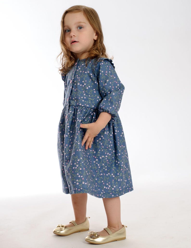 Girls Dress Sewing Tutorial Digital Download PDF Pattern Beginner Guide Complete Instructions Multiple Sizes Available Button Front Design Ruffle Bodice Detail Gathered Skirt Style Photo Steps Included Easy Learning Resource Seasonal