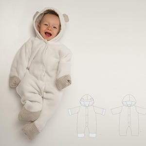 CASSIA Hooded Romper Sewing Pattern PDF | Fold-Over Mitten & Footie Cuffs | Sizes 1m–18m