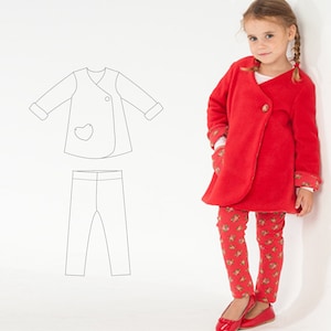 May include: A red jacket with a single button closure and a heart-shaped patch on the front. The jacket is paired with floral print leggings.
