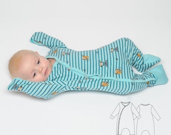 Baby romper/coverall sewing pattern with mitten cuffs and footie cuffs ,sizes 0m-4y pdf David from Patternforkids