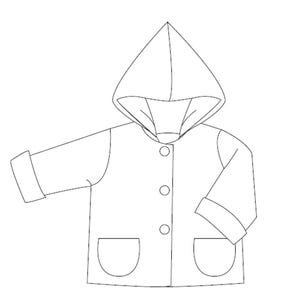 Schwarzweiß technische Zeichnung, Jacke mit Zipfelkapuze und lockere Hose, pdf schnittmuster babykleidung enthalten