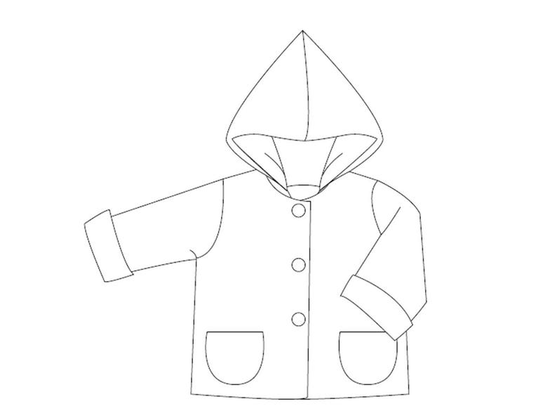 Schwarzweiß technische Zeichnung, Jacke mit Zipfelkapuze und lockere Hose, pdf schnittmuster babykleidung enthalten