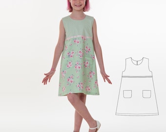 Sewing Pattern Dress A LINE PDF Zipper Pockets Sizes 2y-13y