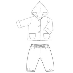 Genähtes Baby-Set mit Jacke und Hose aus French Terry, flach arrangiert