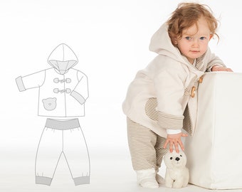 Baby, toddler hooded duffle coat jacket bundle with lined pants, sewing pattern pdf.