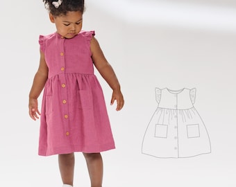 Sewing pattern dress MIMI Sizes 6M-7Y, sleeveless or with long sleeve, gathered skirt, ruffled bodice and front button by Patternforkids