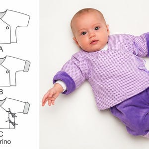 Baby Wickeljacke Schnittmuster PDF in drei Varianten mit Knopf oder Bindebändern; technische Schnittzeichnungen links, rechts Baby in lilafarbener Wickeljacke und passender Hose auf weißem Hintergrund.