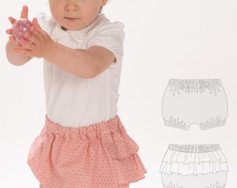 Wykrój do szycia spodni haremek dla niemowląt EMI PDF z falbankami i bez szwu środkowego, rozmiary 50/56-98/104, 0 m-4 lata