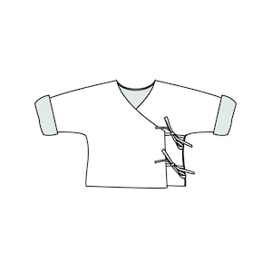 Schnittschema der Wickelvariante mit Bändern und überschnittener Schulter, klare Anleitungslinie, babyjacke schnittmuster