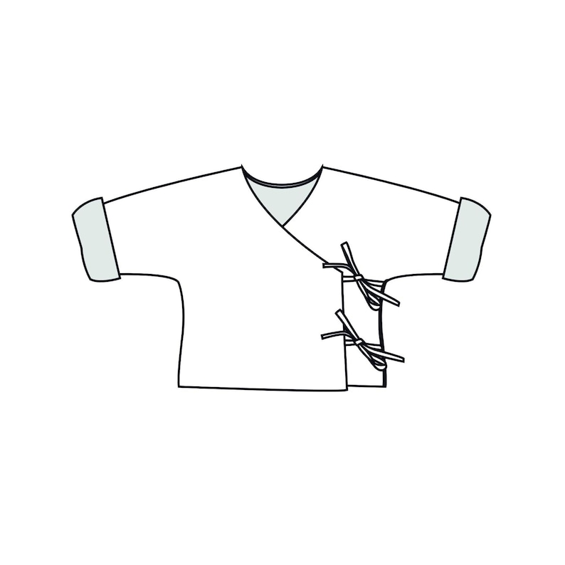 Schnittschema der Wickelvariante mit Bändern und überschnittener Schulter, klare Anleitungslinie, babyjacke schnittmuster