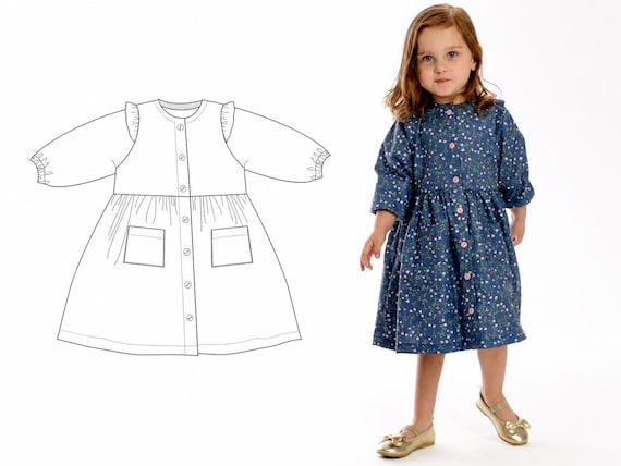 Mädchenkleid Schnittmuster MIMI – Kleid mit Knopfleiste, Langarm & ärmellos PDF 6 Monate–7 Jahre