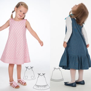 Baby girls dress sewing pattern, tunic with hem ruffles + bow ties or baby dress with buttons. Ebook pdf STEFFI + SIENA by Patternforkids