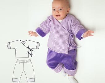 Zestaw wykrojów do szycia: Kurtka kopertowa i spodnie dwustronne (PDF), 3 warianty kurtki, rozmiary 50/56-86/92