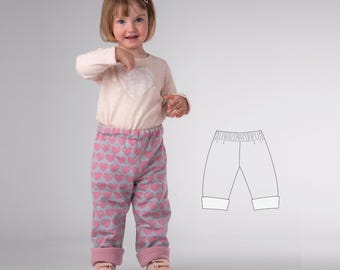 Wykrój do szycia spodni dziecięcych dwustronnych w formacie PDF – spodnie z podszewką FIOCCO z gumką w pasie, rozmiary 74–140, ebook