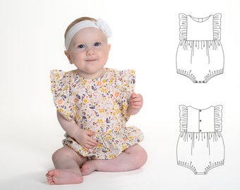 Girls baby romper/bloomer/short jumpsuit sewing pattern pdf. CHIARA, sizes 0m to 2y by Patternforkids.