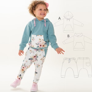 Modello di cucito per felpa con cappuccio FLY e pantaloni DADO in formato PDF – Felpa e pantaloni da jogging per bambini