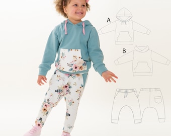 Patrón de costura sudadera con capucha y pantalones harén, pantalones de jogging tallas 80 -146 de Patternforkids