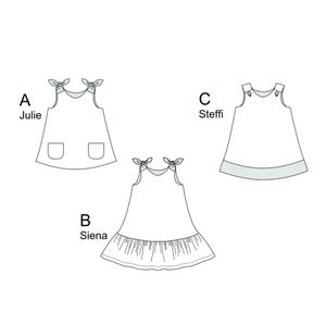 Schnittvarianten JULE SIENA STEFFI, technische Skizzen, Rüschenkleid Schnittmuster und Taschenoptionen
