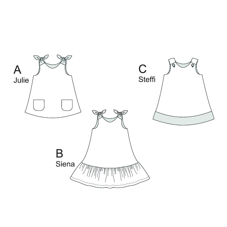 Schnittvarianten JULE SIENA STEFFI, technische Skizzen, Rüschenkleid Schnittmuster und Taschenoptionen
