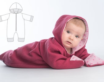 Wykrój na kombinezon niemowlęcy z kapturem SOLE w formacie PDF z zamkiem błyskawicznym, rozmiary 56/62-80/86