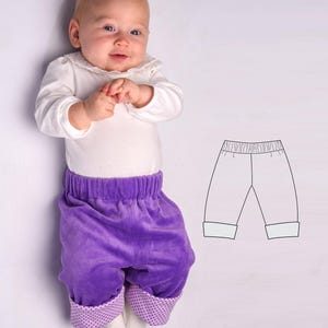 Cartamodello pantaloni reversibili FIORETTO PDF pantaloni neonato fondo elastico risvolto taglie 50/56-98/104