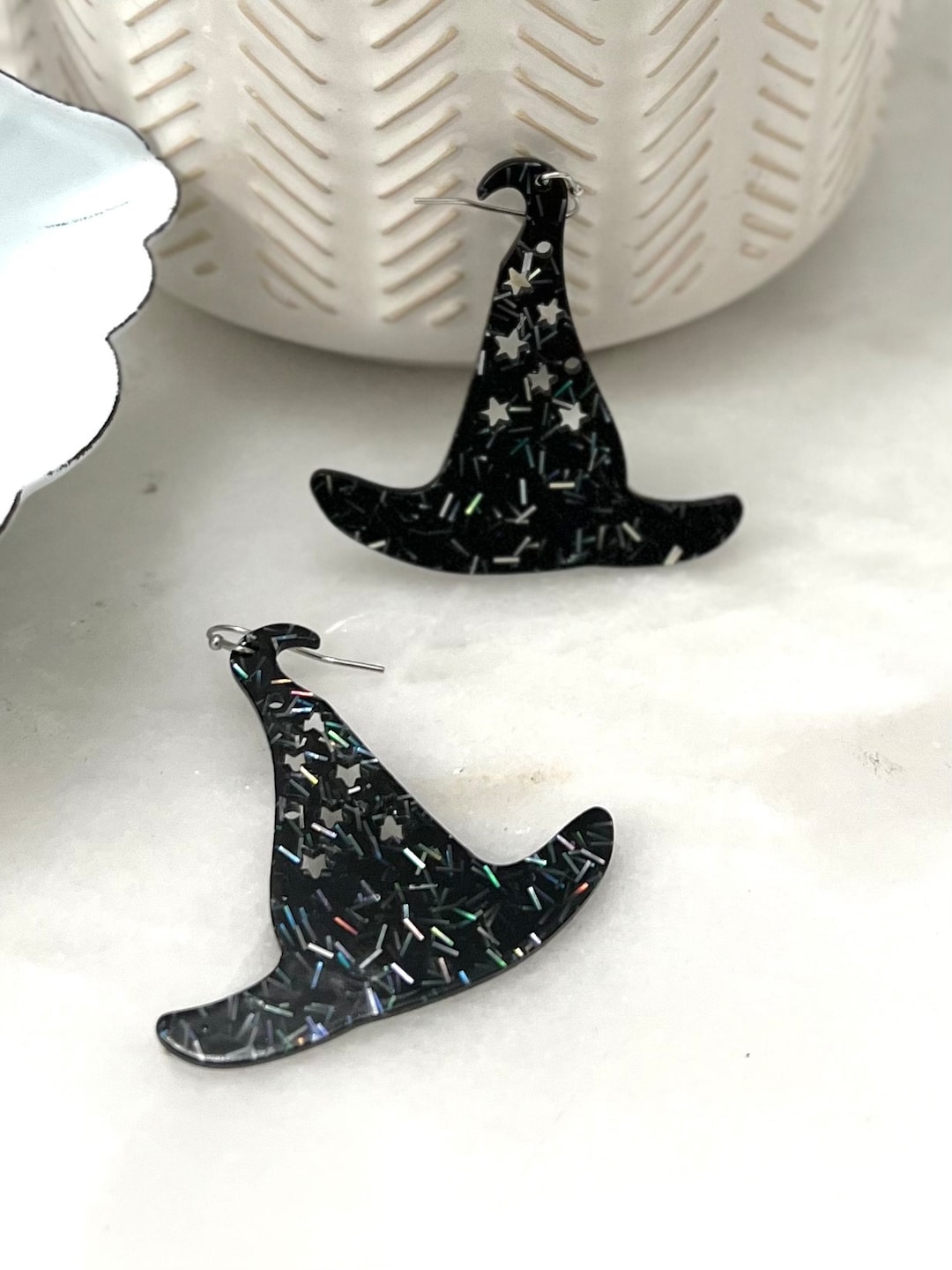 Tinsel Witch Hat Halloween Friday 13th Acrylic Earrings Etsy